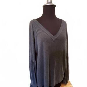 Oversized V Neck Pullover Balloon Sleeve